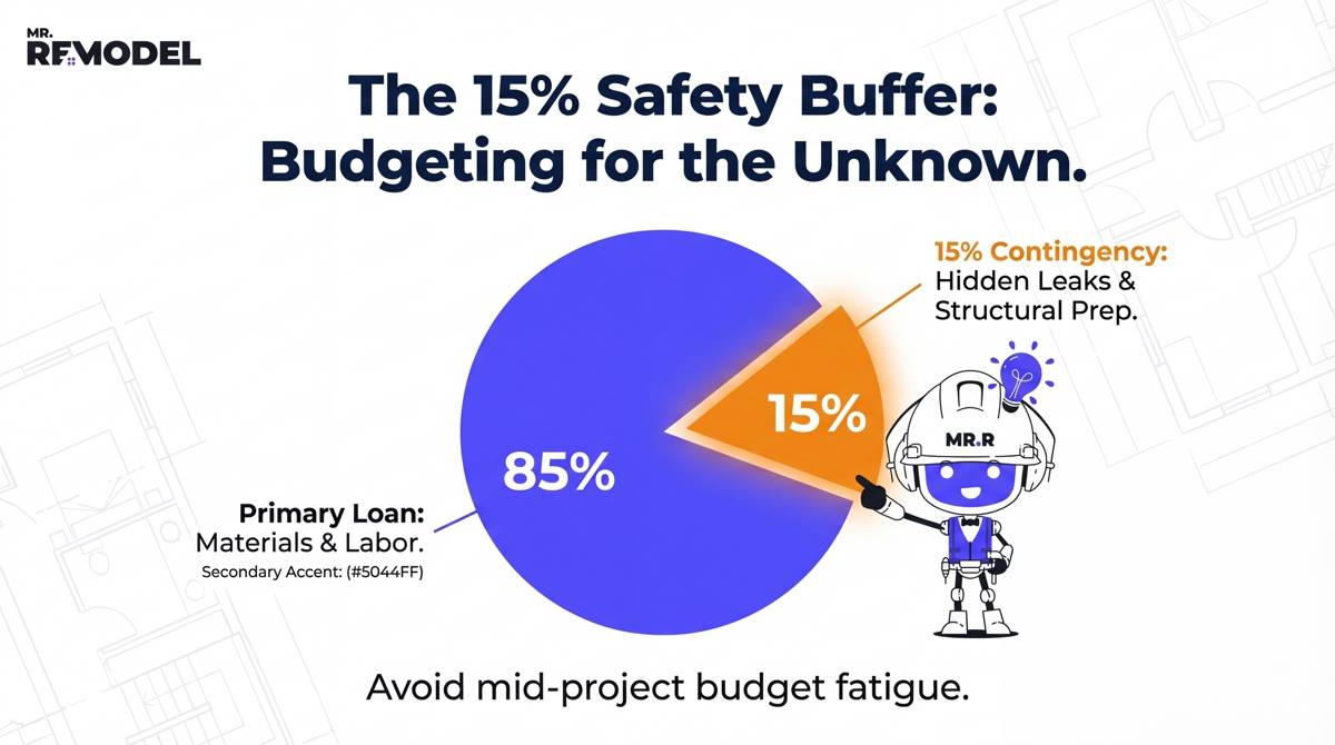 A pie chart infographic recommending a 15% budget contingency to cover unforeseen plumbing or structural repairs during a bathroom remodel.